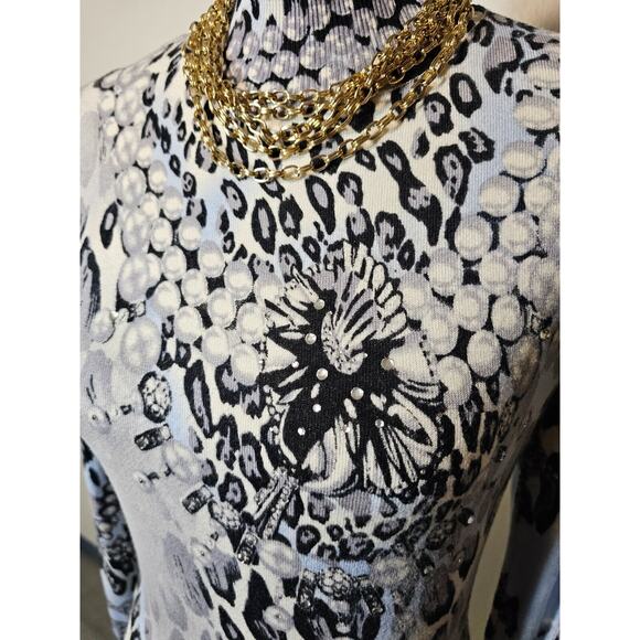 Cache Womens Black Blue Gray Embellished Long Sleeve Knit Sweater Mock Neck M - Picture 2 of 7